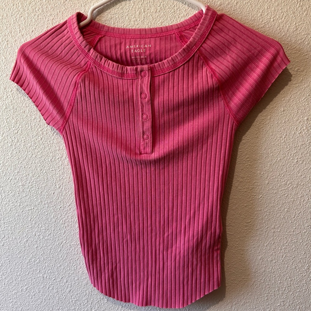 Pink Ribbed Button-Front Short Sleeve Top